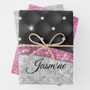Chic girly faux Silver glitter black pink monogram Wrapping Paper Sheets