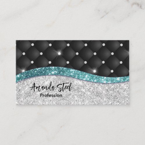 Chic girly faux Silver glitter black teal monogram Appointment Card
