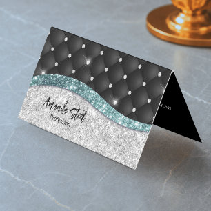 Chic girly faux Silver glitter black teal monogram Business Card