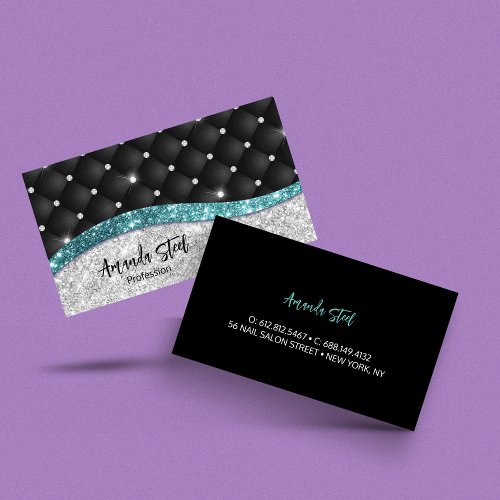 Chic girly faux Silver glitter black teal monogram Business Card