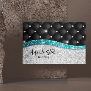 Chic girly faux Silver glitter black teal monogram Business Card Magnet