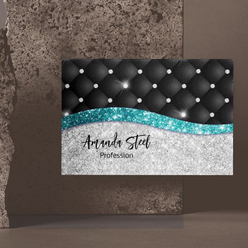 Chic girly faux Silver glitter black teal monogram Business Card Magnet