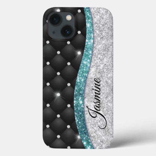 Chic girly faux Silver glitter black teal monogram iPhone 13 Case