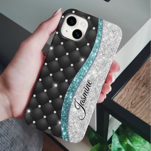 Chic girly faux Silver glitter black teal monogram iPhone 15 Case