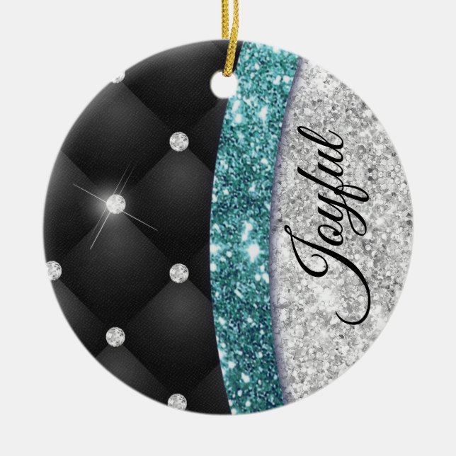 Chic girly faux Silver glitter black teal monogram Ceramic Ornament (Front)