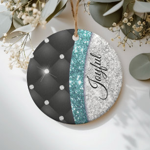 Chic girly faux Silver glitter black teal monogram Ceramic Ornament