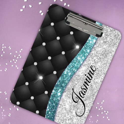 Chic girly faux Silver glitter black teal monogram Clipboard