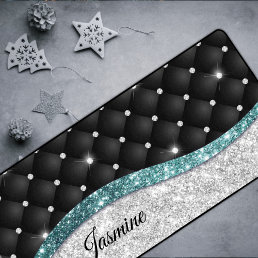 Chic girly faux Silver glitter black teal monogram Desk Mat