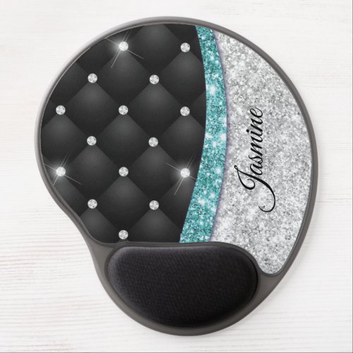 Chic girly faux Silver glitter black teal monogram Gel Mouse Pad