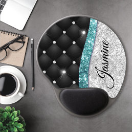 Chic girly faux Silver glitter black teal monogram Gel Mouse Pad