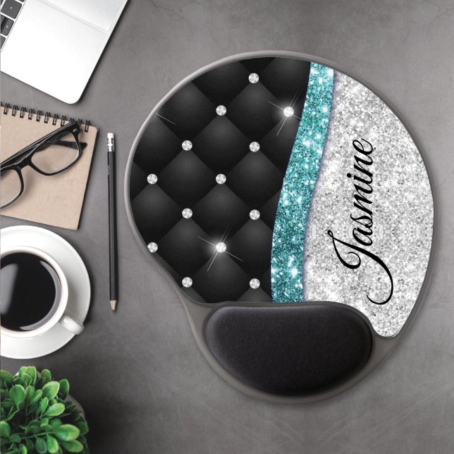 Chic girly faux Silver glitter black teal monogram Gel Mouse Pad (Creator Uploaded)
