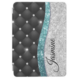 Chic girly faux Silver glitter black teal monogram iPad Air Cover