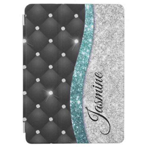 Chic girly faux Silver glitter black teal monogram iPad Air Cover