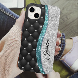 Chic girly faux Silver glitter black teal monogram iPhone 14 Case