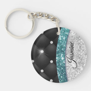 Chic girly faux Silver glitter black teal monogram Keychain