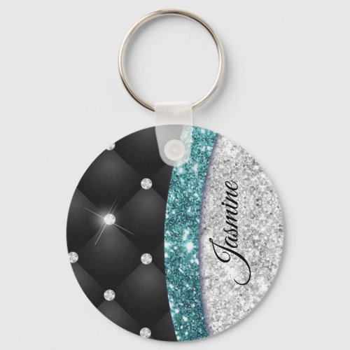 Chic girly faux Silver glitter black teal monogram Keychain