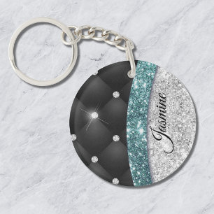 Chic girly faux Silver glitter black teal monogram Keychain