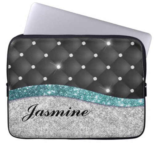 Chic girly faux Silver glitter black teal monogram Laptop Sleeve