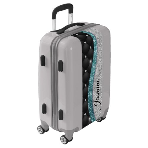 Chic girly faux Silver glitter black teal monogram Luggage