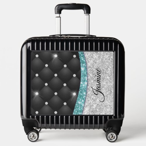 Chic girly faux Silver glitter black teal monogram Luggage