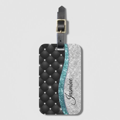 Chic girly faux Silver glitter black teal monogram Luggage Tag