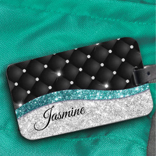 Chic girly faux Silver glitter black teal monogram Luggage Tag