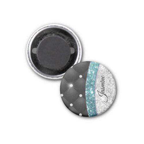 Chic girly faux Silver glitter black teal monogram Magnet