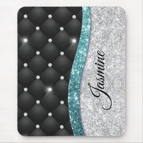 Chic girly faux Silver glitter black teal monogram Mouse Pad