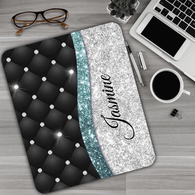 Chic girly faux Silver glitter black teal monogram Mouse Pad (Creator Uploaded)