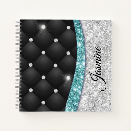 Chic girly faux Silver glitter black teal monogram Notebook
