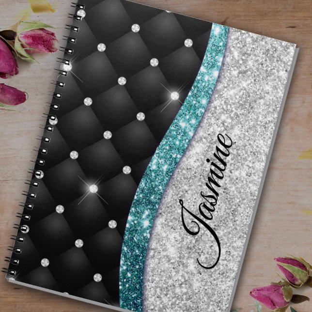 Chic girly faux Silver glitter black teal monogram Notebook (Creator Uploaded)