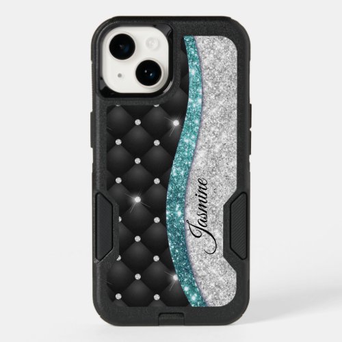 Chic girly faux Silver glitter black teal monogram OtterBox iPhone 14 Case