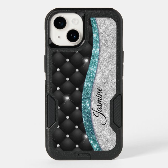 Chic girly faux Silver glitter black teal monogram Otterbox iPhone Case (Back)