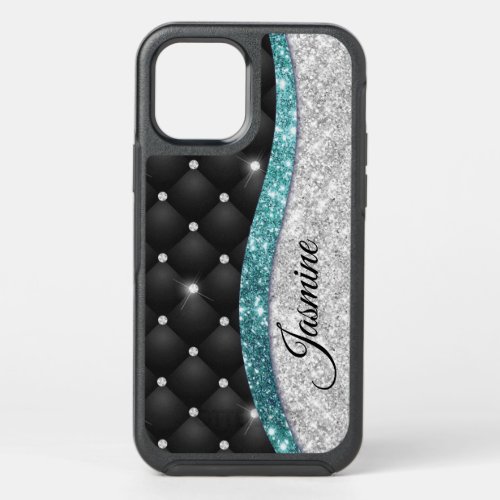Chic girly faux Silver glitter black teal monogram OtterBox Symmetry iPhone 12 Pro Case