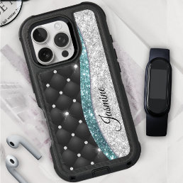 Chic girly faux Silver glitter black teal monogram iPhone 16 Pro Case