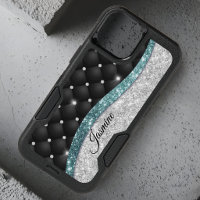 Chic girly faux Silver glitter black teal monogram