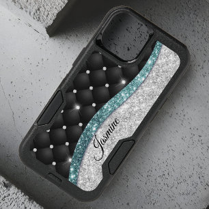 Chic girly faux Silver glitter black teal monogram OtterBox iPhone 14 Case