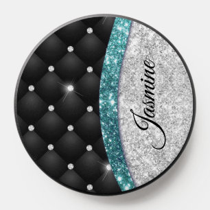 Chic girly faux Silver glitter black teal monogram PopSocket