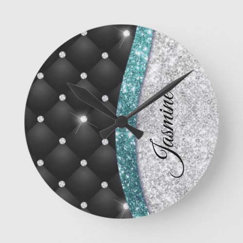 Chic girly faux Silver glitter black teal monogram Round Clock