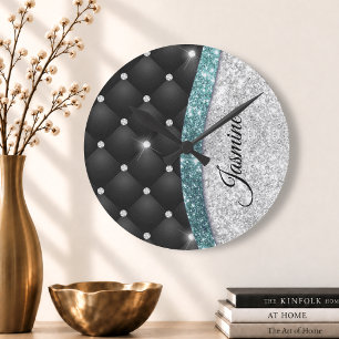 Chic girly faux Silver glitter black teal monogram Round Clock