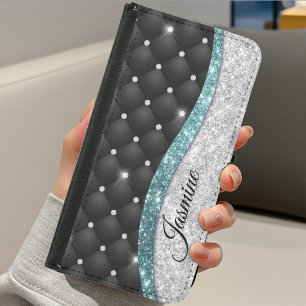 Chic girly faux Silver glitter black teal monogram Samsung Galaxy S5 Wallet Case