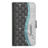Chic girly faux Silver glitter black teal monogram