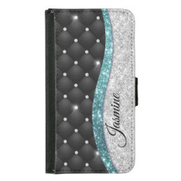 Chic girly faux Silver glitter black teal monogram Samsung Galaxy S5 Wallet Case