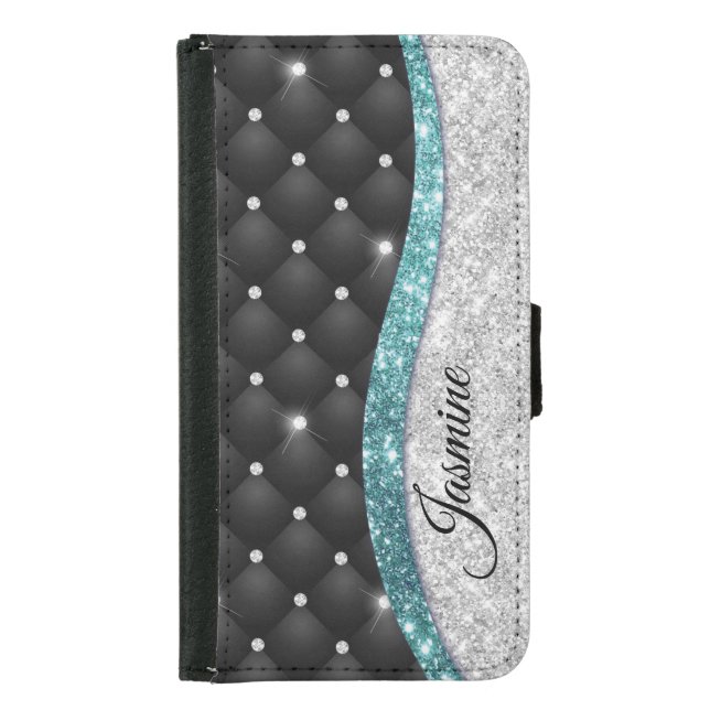 Chic girly faux Silver glitter black teal monogram Samsung Galaxy Wallet Case (Front)