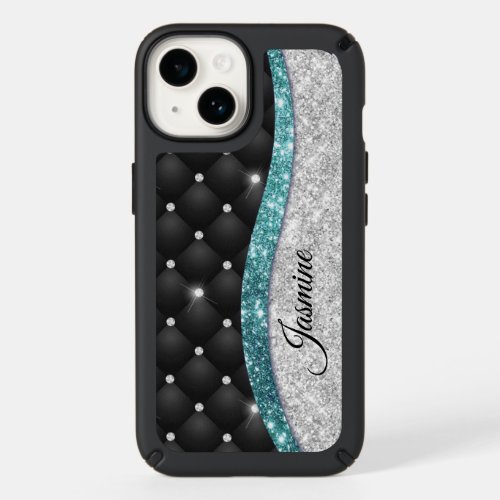 Chic girly faux Silver glitter black teal monogram Speck iPhone 14 Case