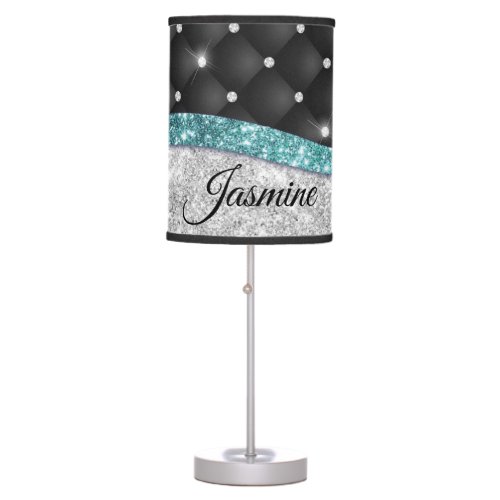 Chic girly faux Silver glitter black teal monogram Table Lamp