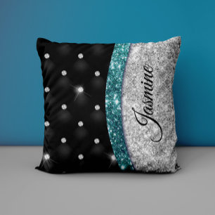Chic girly faux Silver glitter black teal monogram Throw Pillow
