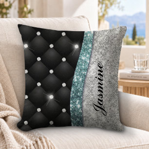 Chic girly faux Silver glitter black teal monogram Throw Pillow