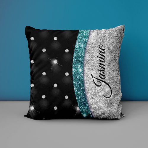Chic girly faux Silver glitter black teal monogram Throw Pillow