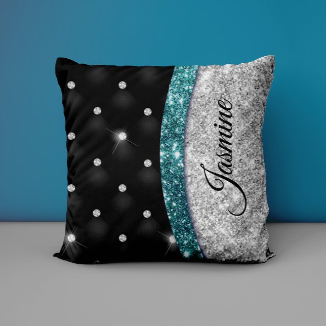 Chic girly faux Silver glitter black teal monogram Throw Pillow (Creator Uploaded)